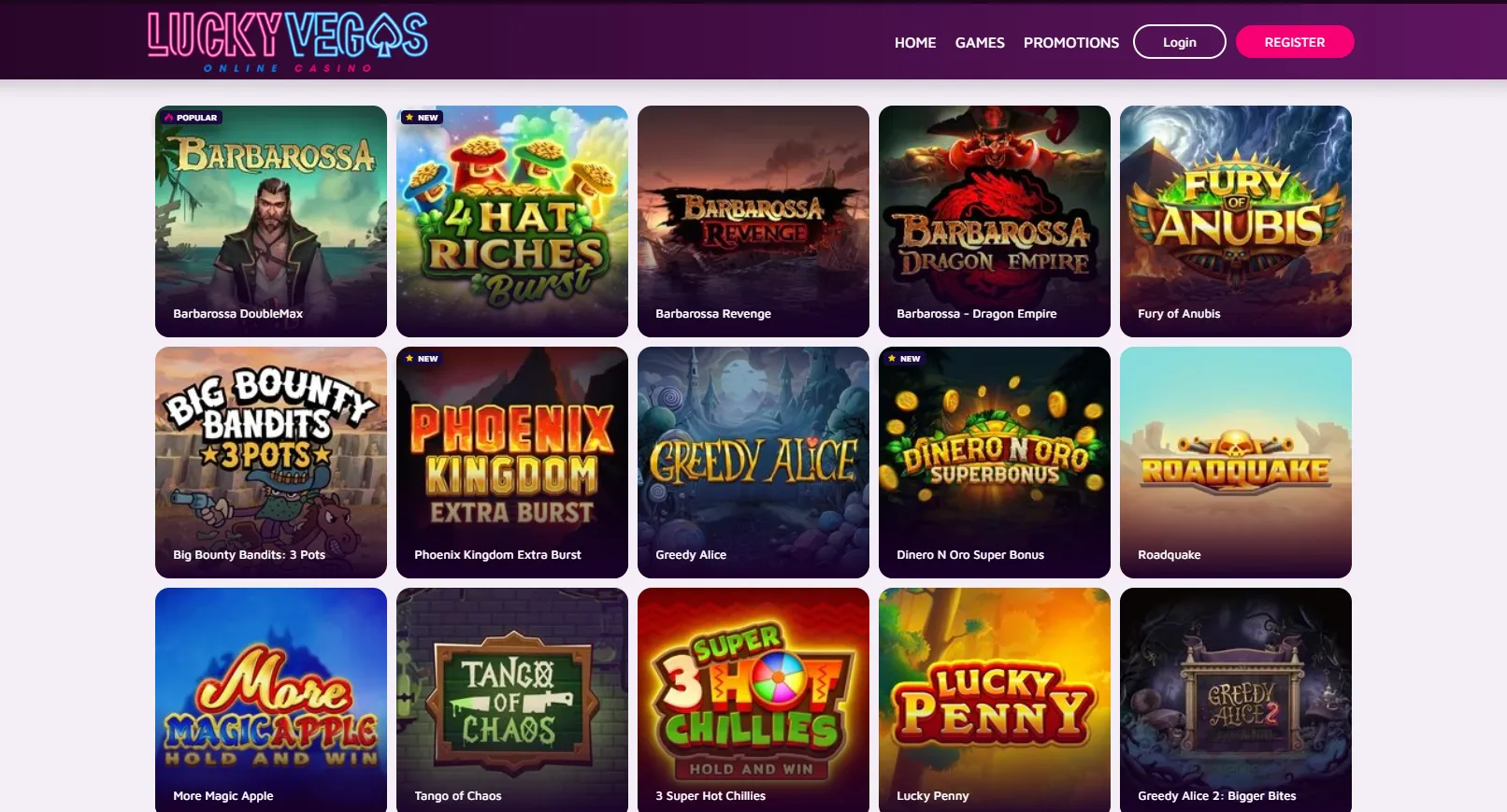 Lucky Vegas Great Britain games lobby with game categories and search tools visible