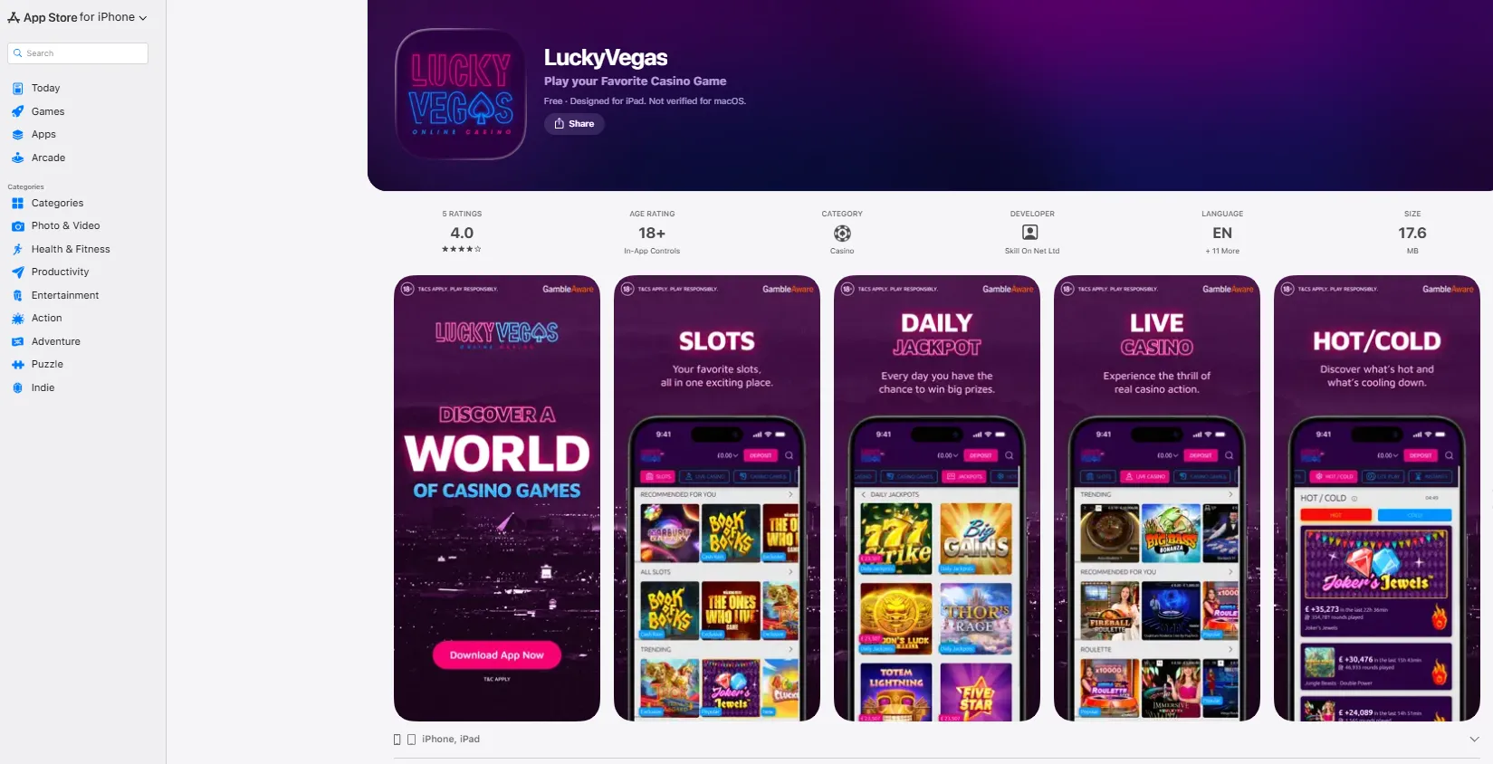 Official LuckyVegas UK App Store listing showing Skill On Net Ltd as the developer