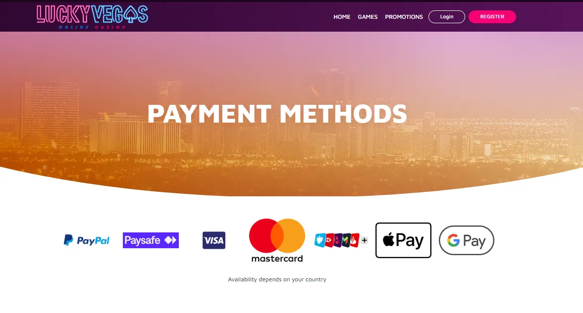 Lucky Vegas payment methods page showing the real cashier payment options available to a UK player