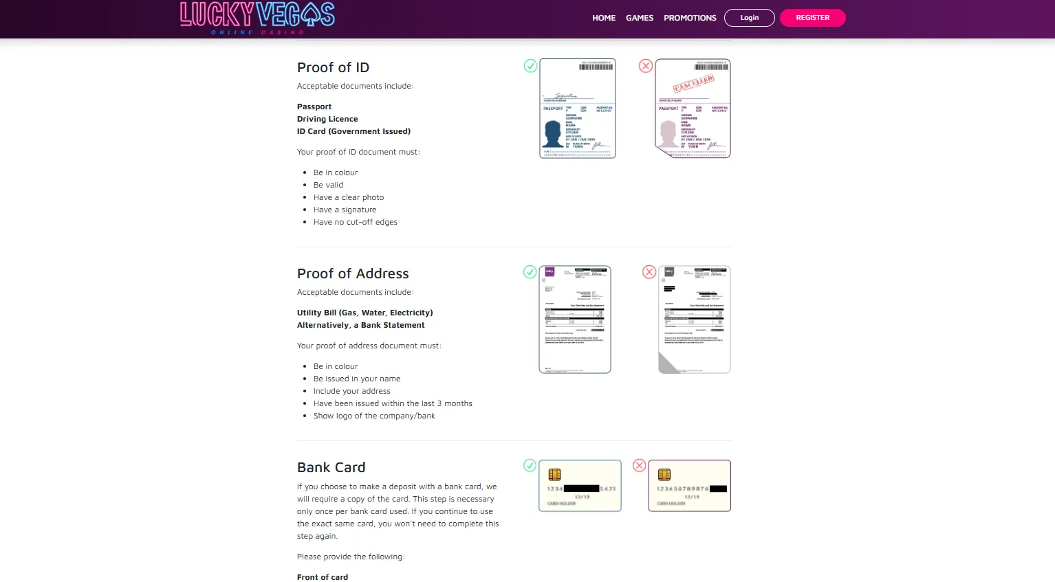 Lucky Vegas official verification document guidance showing identity, address and payment method requirements