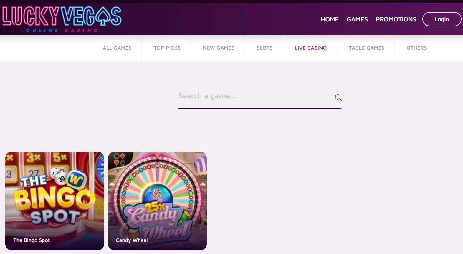 Lucky Vegas live casino lobby showing the live casino category and real dealer-game tiles
