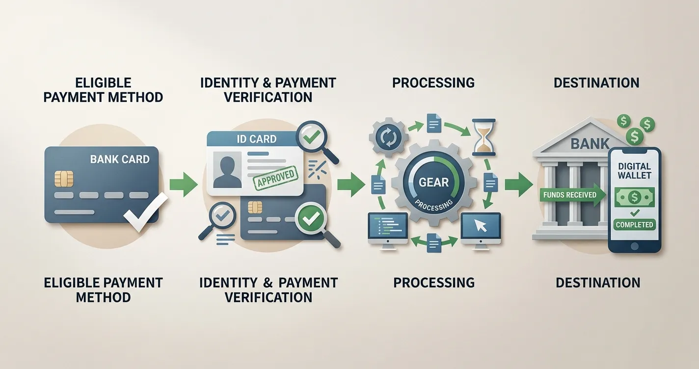 Editorial withdrawal flow from payment method through verification and casino processing to the payment rail