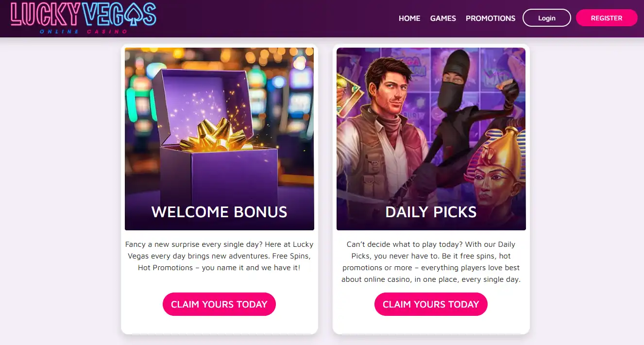 Current Lucky Vegas Great Britain promotions page showing the welcome free spins offer