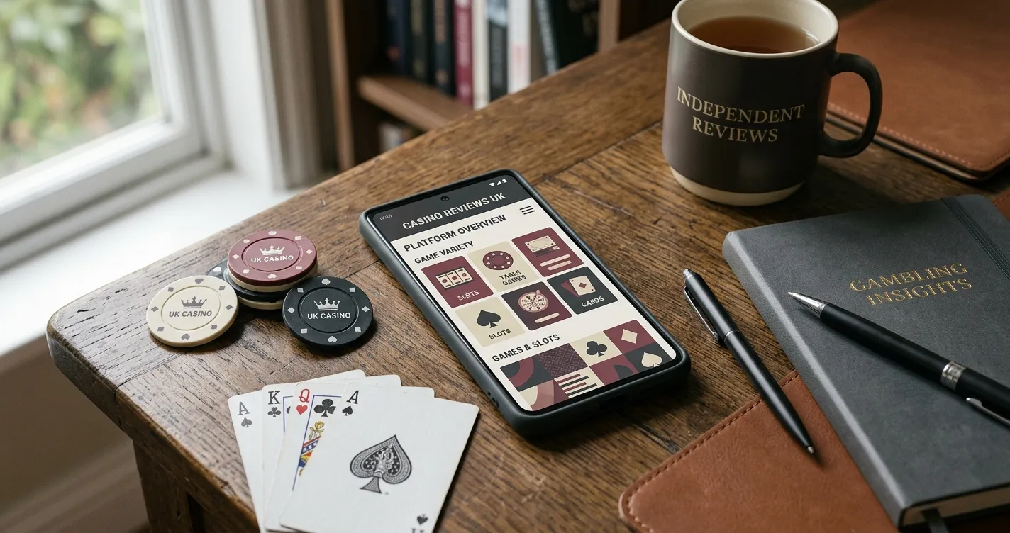 Editorial illustration representing a UK-focused online casino review with cards, chips and mobile play without brand logos
