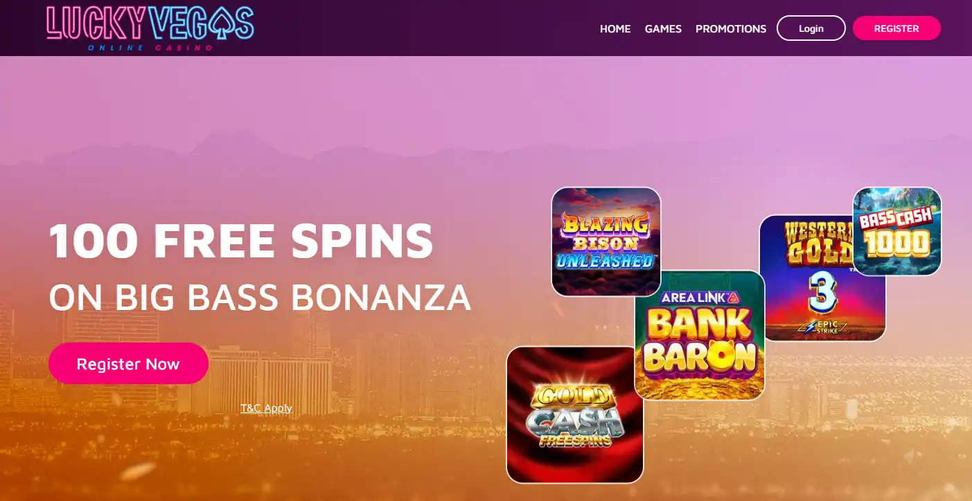 Current Lucky Vegas Great Britain homepage showing the welcome offer and casino categories